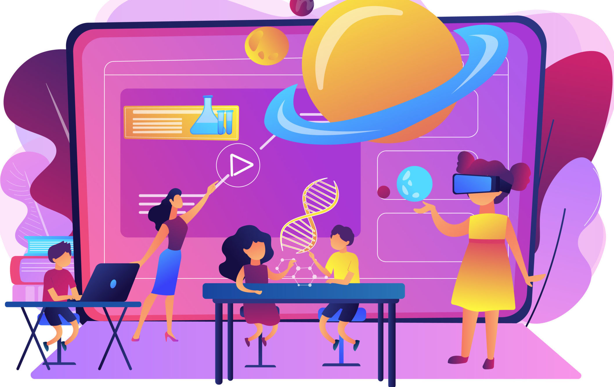 Futuristic classroom, little children study with high tech equipment. Smart spaces at school, AI in education, learning management system concept. Bright vibrant violet vector isolated illustration